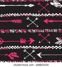 Vector hand drawn boho style pattern. Arrows and feathers. Seamless tribal background.