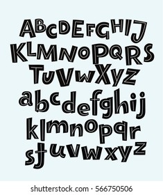 Vector hand drawn bold comic funny black english alphabets in vintage style uppercase and lowercase letters derocrated with stripes