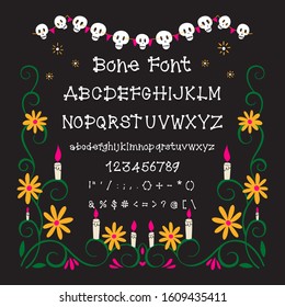 Vector hand drawn Bone font with numbers and punctuation isolated on background with Mexico design frame and decoration