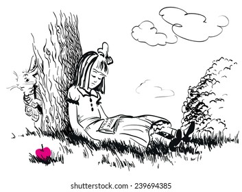 Vector hand drawn book illustration portrait of girl sleeping at the tree and hiding white rabbit. Book scene. Ink drawing. Baby kid book illustration.