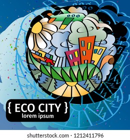 Vector hand drawn booklet art on environmental theme with doodle elements of the urban landscape.