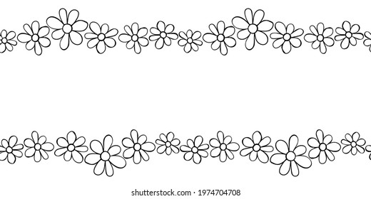 Vector hand drawn border, frame of small outline black flowers chamomiles in doodle style. Horizontal top and bottom edging, decoration for birthday, greeting card, kids theme