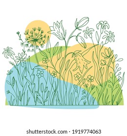 Vector hand drawn botanical art. Blue, orange, green spring card with flowers and leaves doodles. Good for wedding invitation, birthday card, web page design.