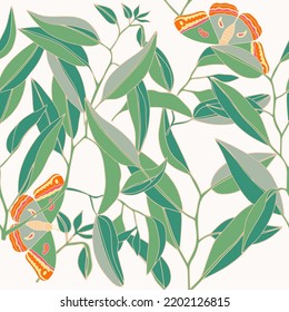 Vector hand drawn botanical branch leaves and butterfly seamless pattern. Modern floral wallpaper. Fashion contemporary jungle tree plant illustration.