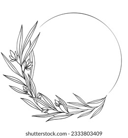 Vector hand drawn botanical circle frame with flowers. Elegant minimal style floral isolated illustration. Round line border, wedding invitation and cards, logo design and posters template, tattoo.