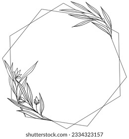 Vector hand drawn botanical circle frame with flowers. Elegant minimal style floral isolated illustration. Round line border, wedding invitation and cards, logo design and posters template, tattoo.