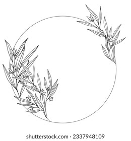 Marco de círculo botánico dibujado a mano con vectores con flores. Elegante minimalista ilustración floral aislada. Borde de línea redonda, invitación de boda y tarjetas, diseño de logotipo y plantilla de afiches, tatuaje.