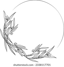 Marco de círculo botánico dibujado a mano con vectores con flores. Elegante minimalista ilustración floral aislada. Borde de línea redonda, invitación de boda y tarjetas, diseño de logotipo y plantilla de afiches, tatuaje.