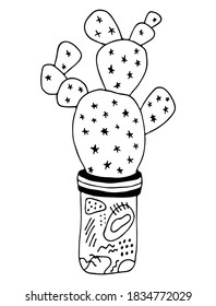 Vector hand drawn botanical illustration. Black outline cactus with flowers in modern pot isolated on white background.