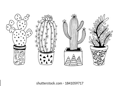 Vector hand drawn botanical illustration. Black outline cactus with flowers in modern pot set isolated on white background. Indors plants collection.