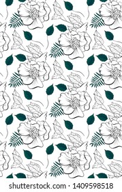 Vector hand drawn botanical seamless pattern with ink drawn leaf elements and palm tree branch for textures and background template