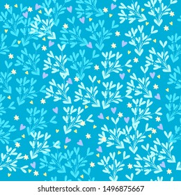 Vector hand drawn botanical seamless pattern with mistletoe silhouette, stars and hearts in blue. For wrapping paper, textile, apparel, etc
