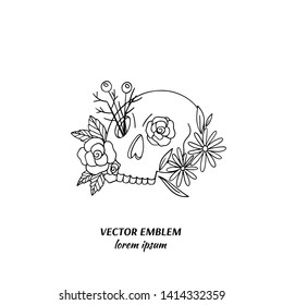 Vector hand drawn  botanical skull illustration. Human skeleton. Vector illustration