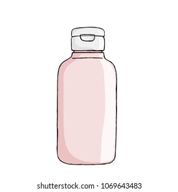 Vector hand drawn bottle for lotion, shanpoo, conditioner. Isolated on white background. Sketched mockup of cosmetic package. Pink color.