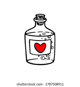 Vector hand drawn bottle with magic love potion. Outline doodle icon. Sketch illustration for print, web, mobile and infographics isolated on white background. Valentine's day theme.