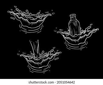 Vector Hand Drawn Bottle with Milk Water or Juice Splash Ripples and drops Vector Design Elements Set Isolated Chalkboard doodles style illustration Can be used for advertising, interior or any design