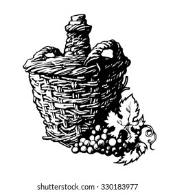 Vector of hand drawn bottle of wine with bunch of grapes. Old demijohn for wine list card menu design.