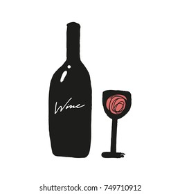 Vector Hand Drawn Bottle And Wine Glass, Poster, Postcard, Elements For Design.
