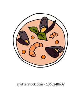 Vector hand drawn bouillabaisse. French cuisine dish. Mussels seafood. Design sketch element for menu cafe, bistro, restaurant, label and packaging. Colorful illustration on a white background.