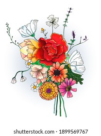 Vector hand drawn bouquet of red, orange, yellow, white and purple flowers isolated on a white background.
