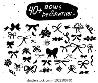 Vector hand drawn bows set. Black doodle decor isolated icons collections for decoration, web design, logo, app, UI.