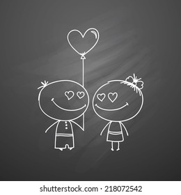 vector hand drawn boy and girl on black chalkboard