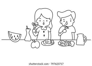 Vector hand drawn boy and girl eating food