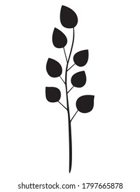 vector hand drawn branch with leaves. Bblack silhouette shape of twig on white background