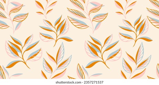 Vector hand drawn branch leaves seamless pattern. Tropical, minimalist, background of abstract botanical branch leaves. Template for textile, fashion, print, surface design, paper, cover