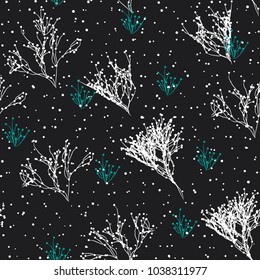 Vector hand drawn branch seamless pattern. Abstract trees background