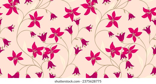 Vector hand drawn branches of flowers bell and leaves intertwined in a seamless pattern. Abstract, simple, floral print. Template for design, fabric, fashion, wallpaper, surface design.