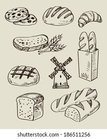 vector hand drawn bread icons set on white