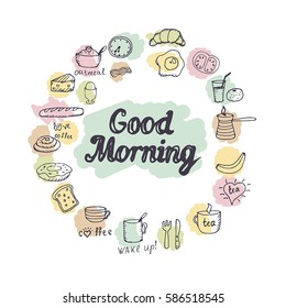 Vector hand drawn breakfast background. Good morning.
