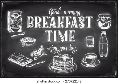 Vector Hand Drawn Breakfast And Branch Background On Chalkboard. Menu Illustration.