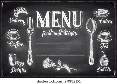 Vector hand drawn breakfast and branch background on chalkboard. Menu illustration.
