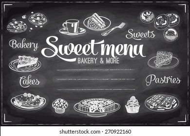Vector hand drawn breakfast and branch background on chalkboard. Menu illustration.