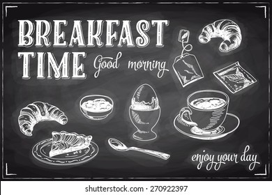 Vector hand drawn breakfast and branch background on chalkboard. Menu illustration.