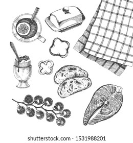 vector hand drawn breakfast collection. sketch of salmon, bread, tomato, boiled egg, lemon tea, and linen napkin. rural ink drawing for farm morning meal