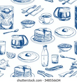 Vector hand drawn breakfast seamless pattern. Vintage Illustration with hotcake, egg, milk, cornflakes, orange juice, coffee, toasts. Repeating background. Modern stylish texture.