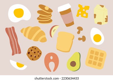 Desayuno dibujado a mano por vectores. Elementos alimentarios: gofre, cruasán, crepes, aguacate, huevo, setas, tocino, tostadas, galletas, café, salmón, queso, manzana. Clipart con estilo doodle.