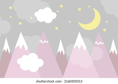 Vector hand drawn bright colorful children's wallpaper with mountains. Cute mountain landscape with clouds, stars and moon. Modern children's wallpaper.