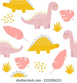 Vector hand drawn bright cute dinosaurs and tropical leaves. Dots and bushes in doodle style. Seamless pattern. Children's wallpaper.