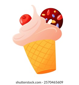 Vector hand drawn bright dessert. Isolated on white background creamy sweet snack with various toppings in a waffle cup. Advertising posters or banners with ice cream.