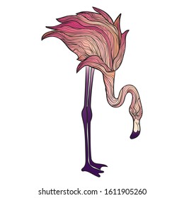 Vector hand drawn bright flamingo illustration isolated on white background. Stock vector illustration of pink bird in modern style. Colorful pink flamingo summer illustration. 