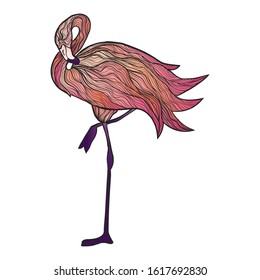 Vector hand drawn bright flamingo illustration isolated on white background. Stock vector illustration of pink bird in modern style. Colorful pink flamingo summer illustration. 