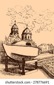 Vector Hand drawn brown graphic sketch of old yacht near sea and old church on the back