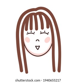 Vector hand drawn brown haired girl illustration. Cute childish clip art isolated on white background. Straight hair child face clip art.