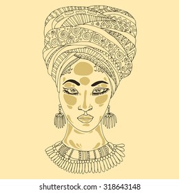 Vector hand drawn brown line beautiful African woman the patterned scarf draped on the head. On a pastel yellow background