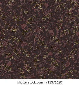 Vector hand drawn brown seamless pattern with autumn foliage, berries, acorns, oak and maple leaves and gold elements. Luxurious fall ornament. 