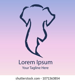 Vector Hand Drawn Brush of Dog Animal Puppy Doggy on Gradient Color Background Violet and Pink. Flat, Icon, Sign, Logo, Symbol, Object, Graphic Design, Element, Illustration for Print.